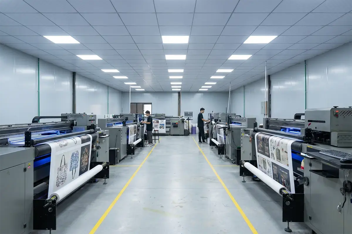 Digital tote printing workshop with organized equipment and marked walkways.
