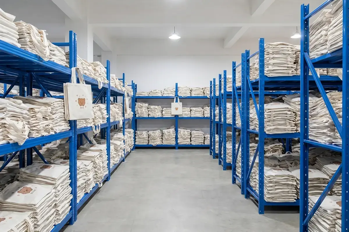 Bundled tote bag components stored on open warehouse racks.