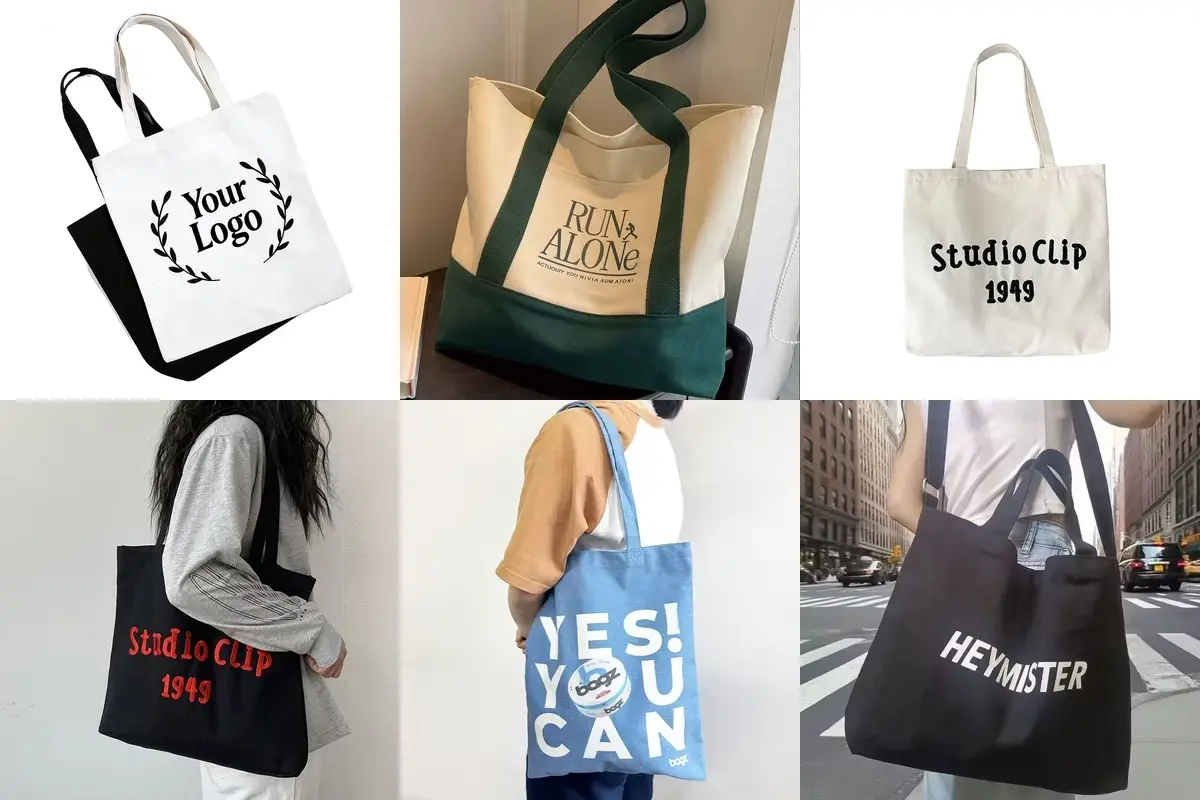 Six canvas tote bags with printed and embroidered artwork.