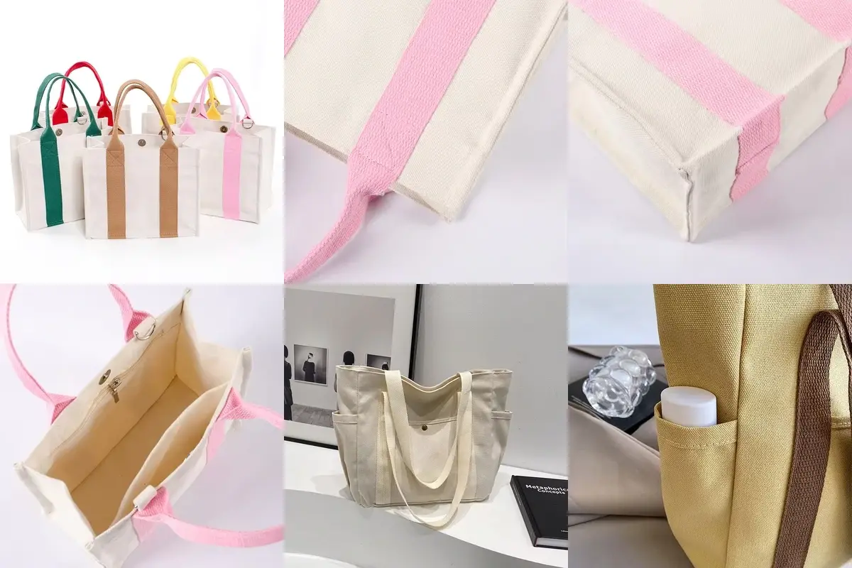 Six canvas tote details showing webbing, gussets, interior and side pocket.