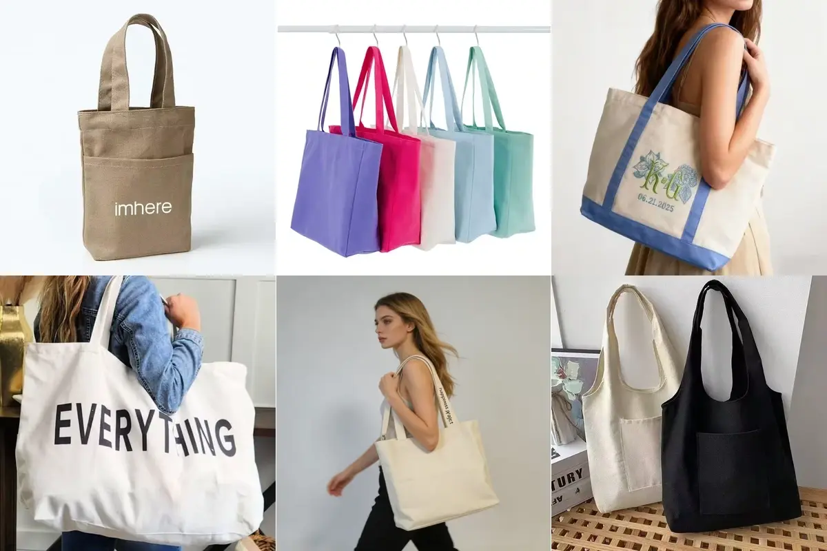 Six canvas tote styles in varied colors, sizes and handle designs.