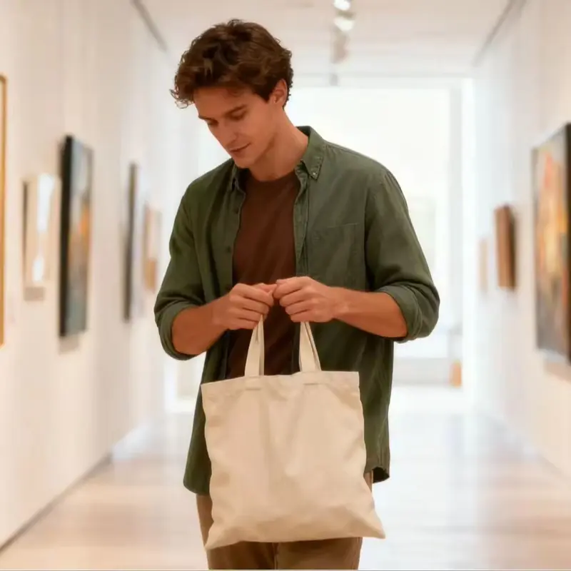 Natural canvas tote bag with long handles in a lifestyle setting.