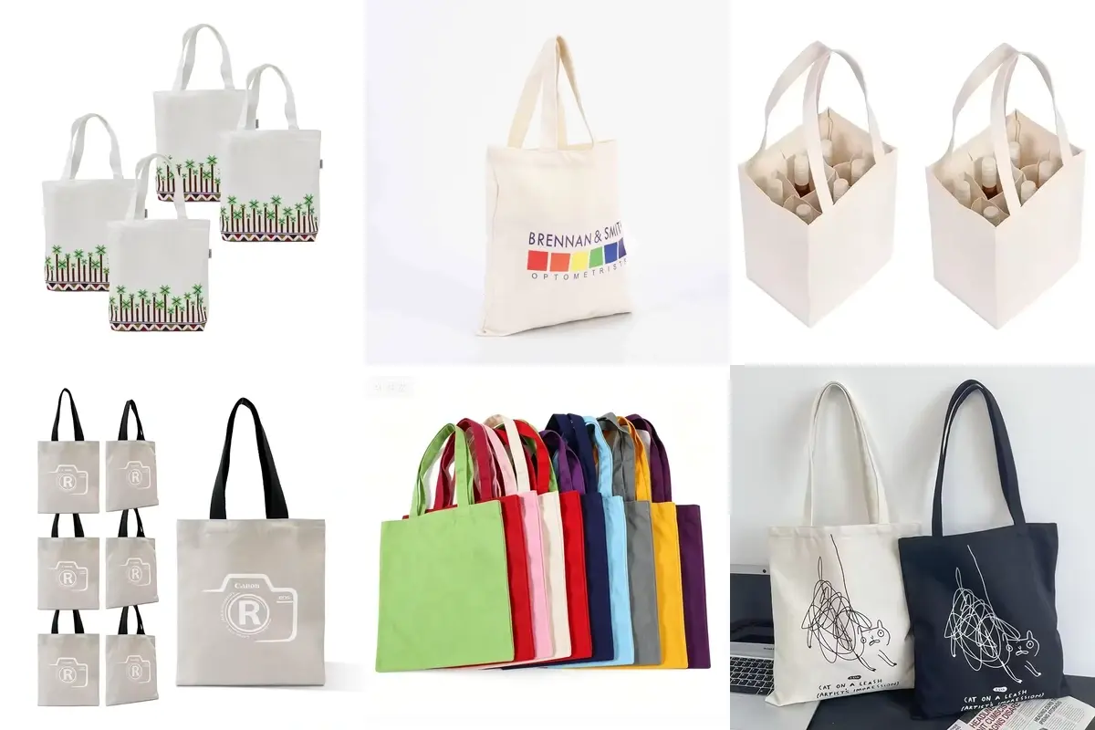 Six cotton tote styles in natural, white, gray and dyed colors.