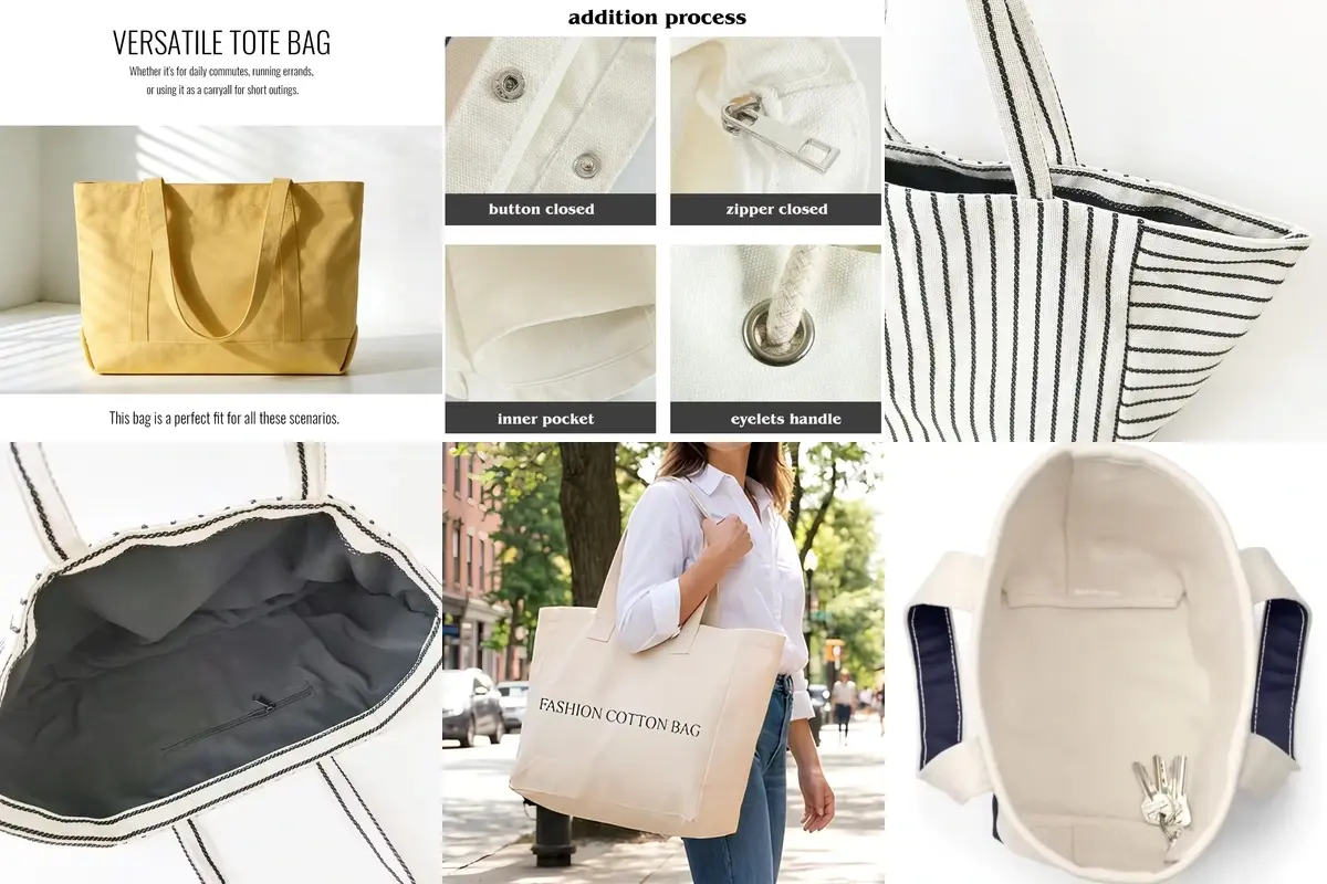 Six cotton tote views showing capacity, closures, handles and interiors.
