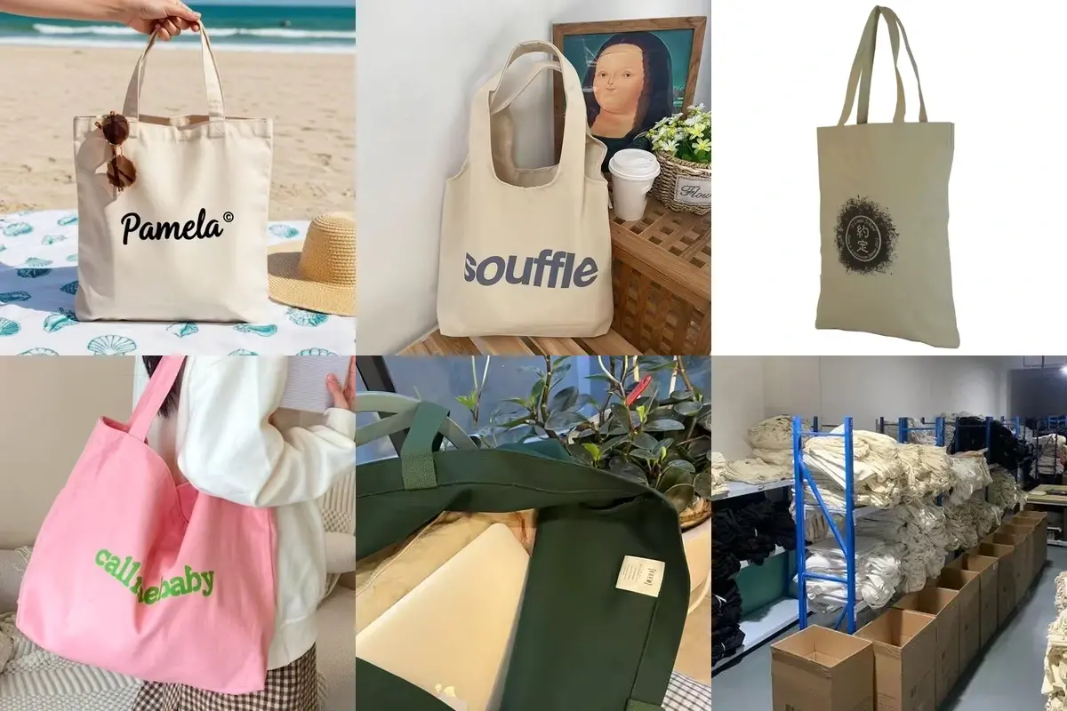 Cotton totes showing printed artwork, embroidery, sewn labels and bulk packing.