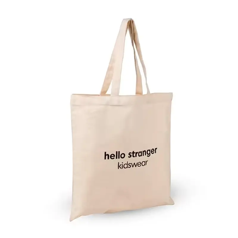 Lightweight natural cotton tote with long handles and black print.