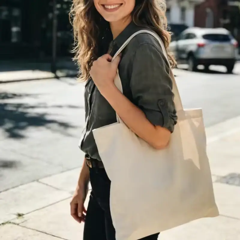 Woman carrying a plain natural cotton tote over one shoulder.