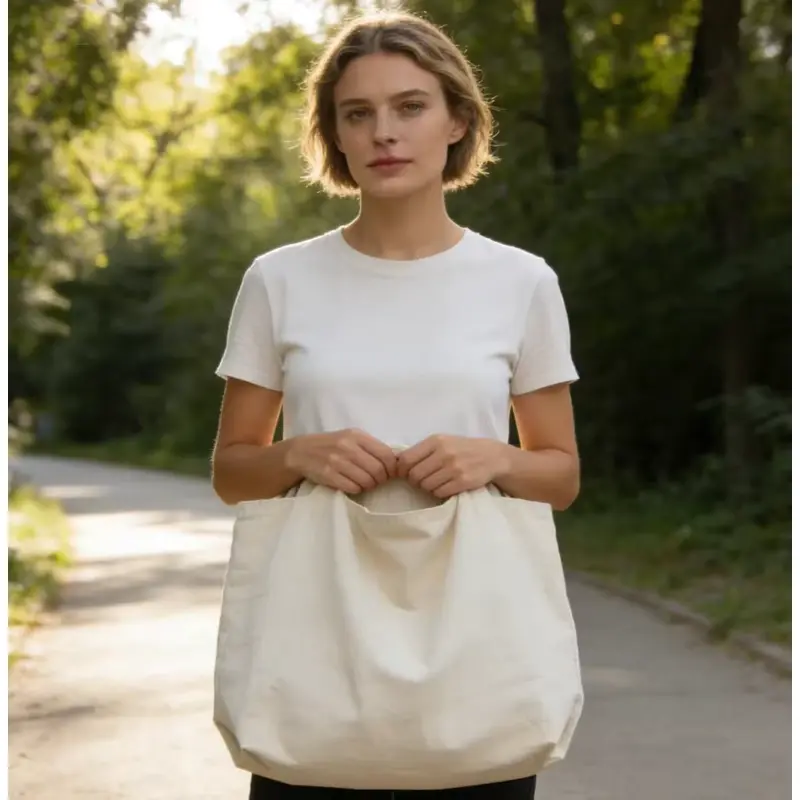 Woman holding a plain natural cotton tote bag outdoors.