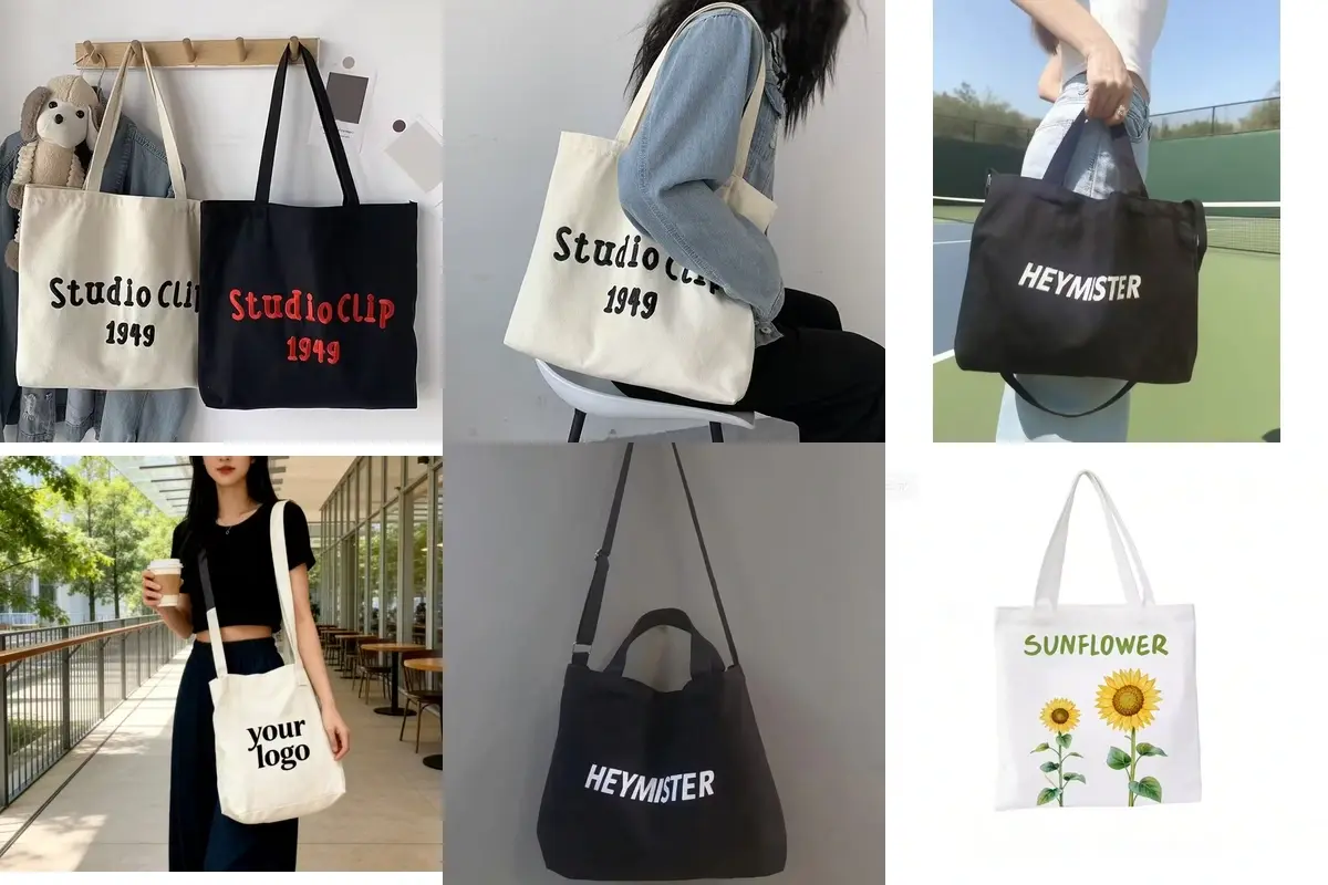 Six canvas tote samples with embroidery, heat transfer and screen printing.