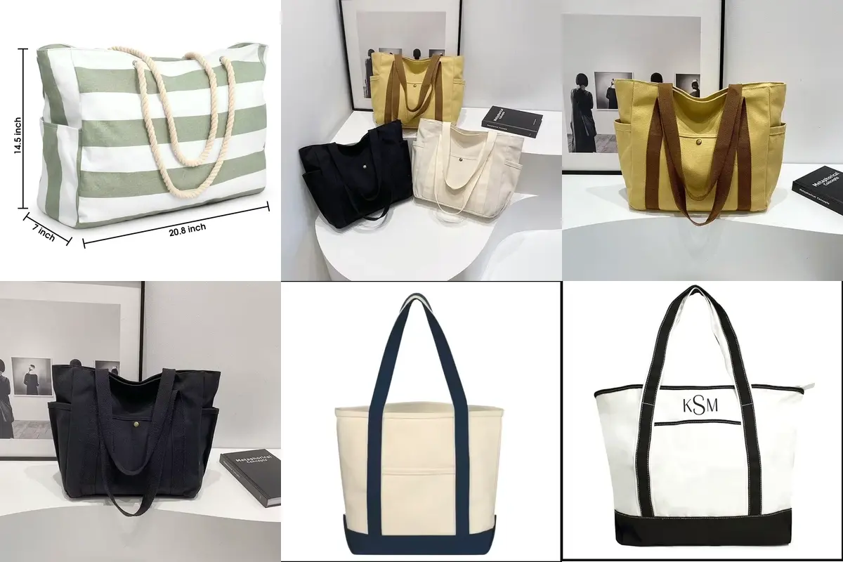 Six canvas tote styles showing gussets and reinforced webbing handles.