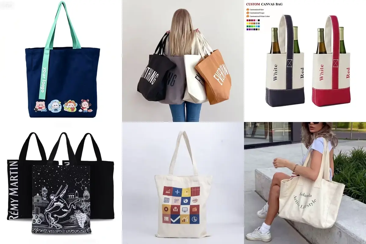 Six heavyweight canvas tote styles with varied shapes, handles and colors.