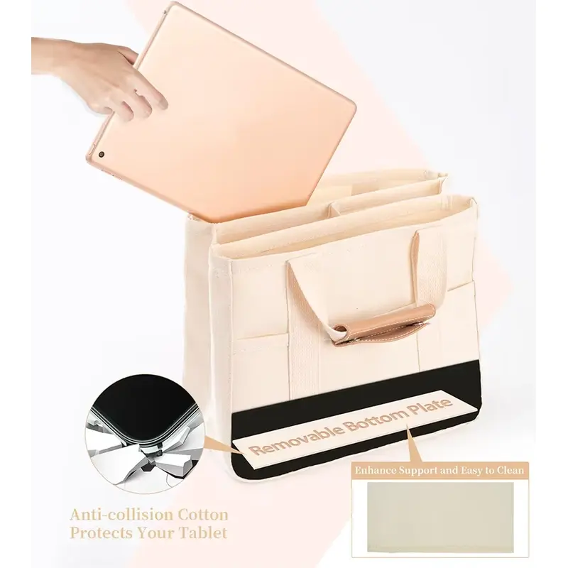 Beige canvas organizer tote with multiple pockets and compartments.