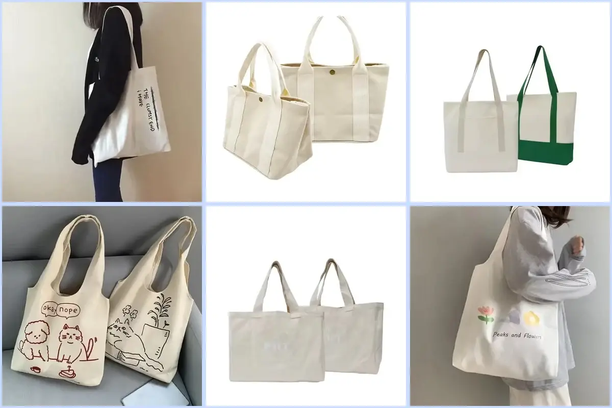 Six cotton tote styles with soft bodies, long handles and roomy gussets.
