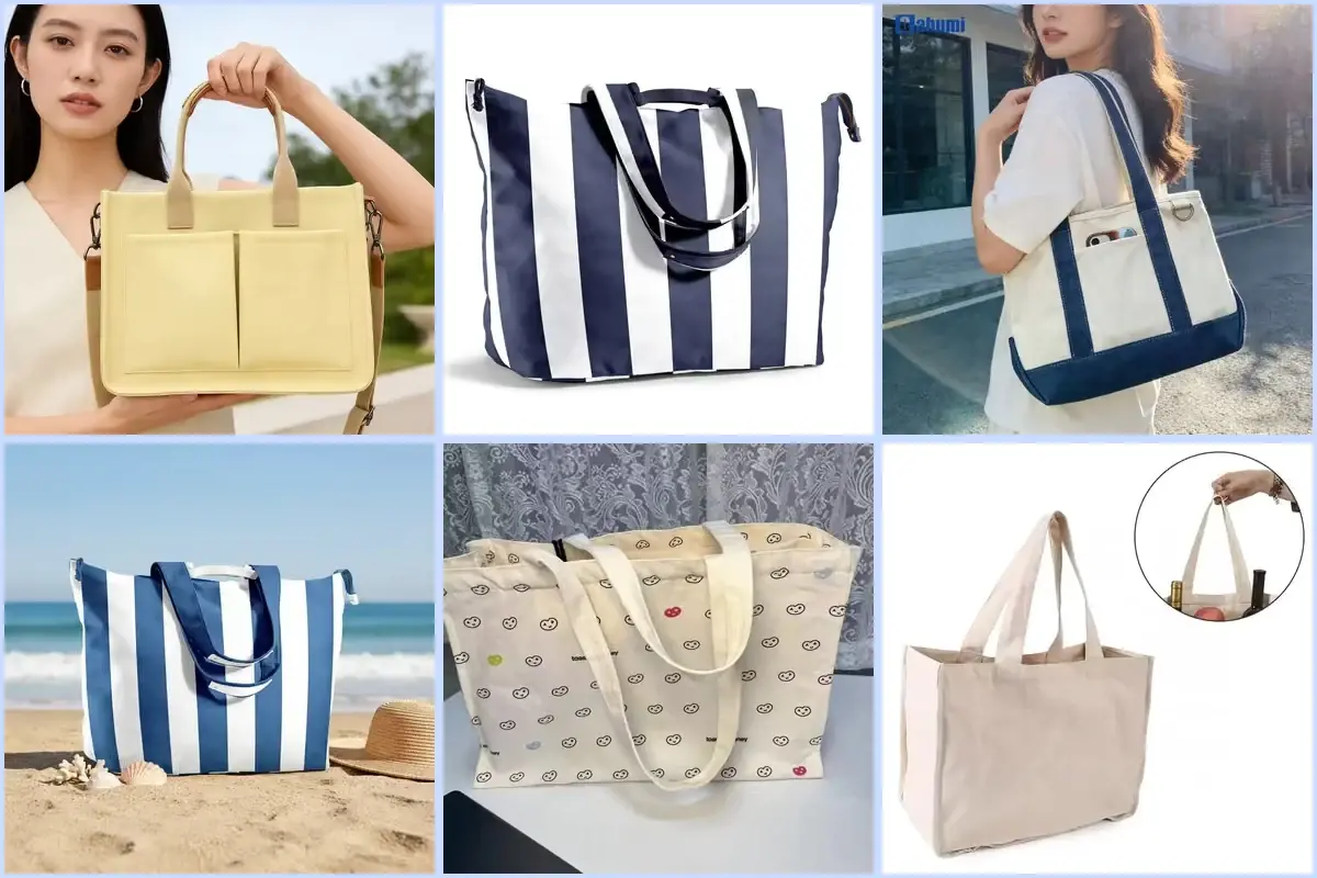 Six canvas tote styles with varied handles, gussets and printed designs.