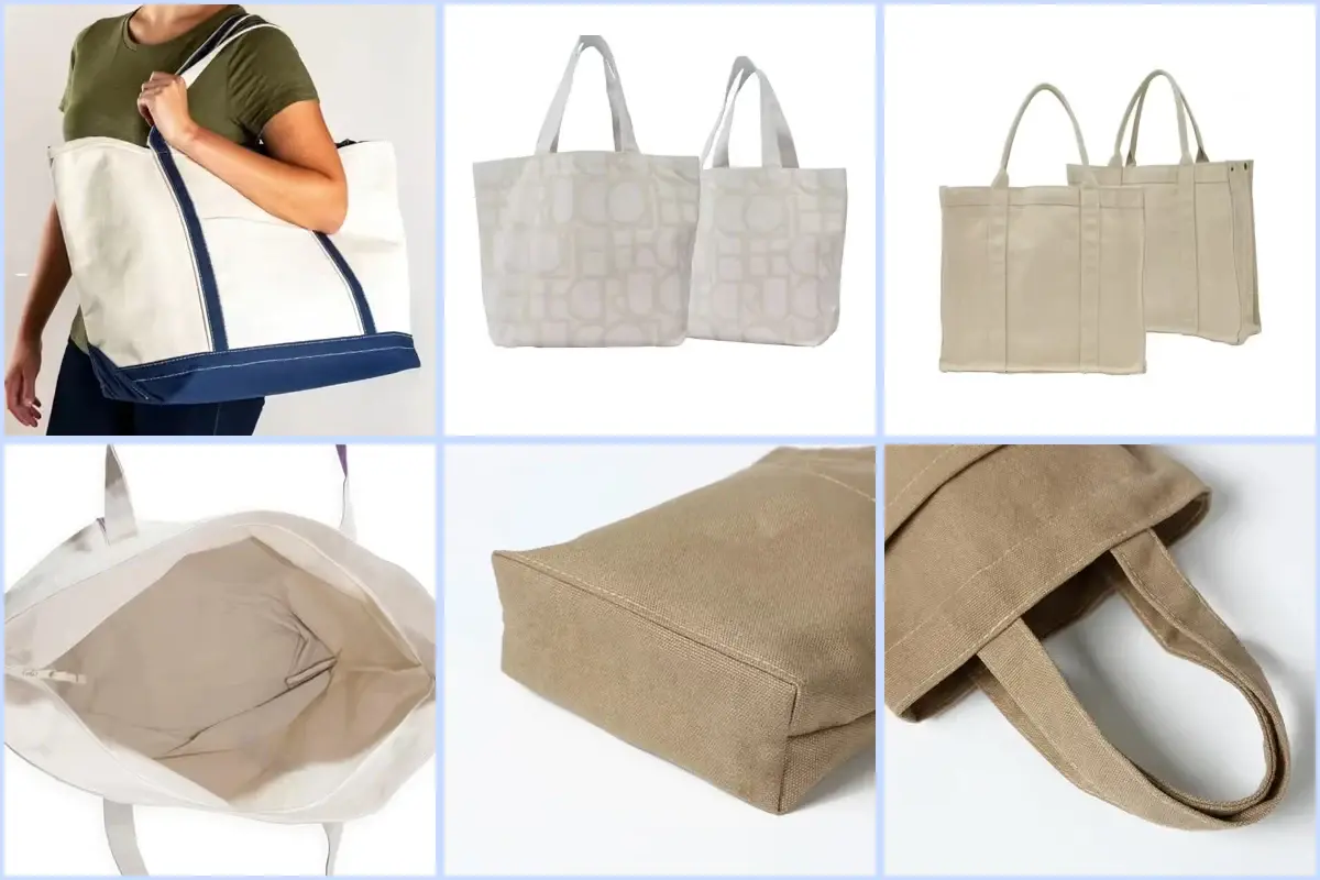 Heavy canvas totes with reinforced panels, wide bases and stitched handles.