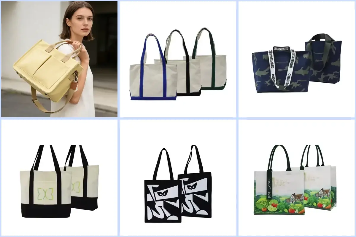 Six canvas tote bags with zipper closures, gussets and contrasting trim.
