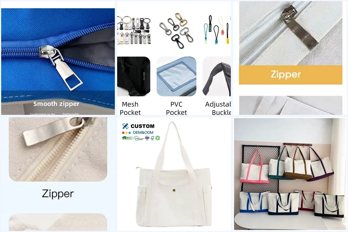 Six zipper choices and canvas tote views showing pulls and closures.