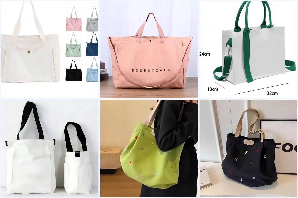 Six canvas tote bodies with varied gussets, handles and zipper layouts.