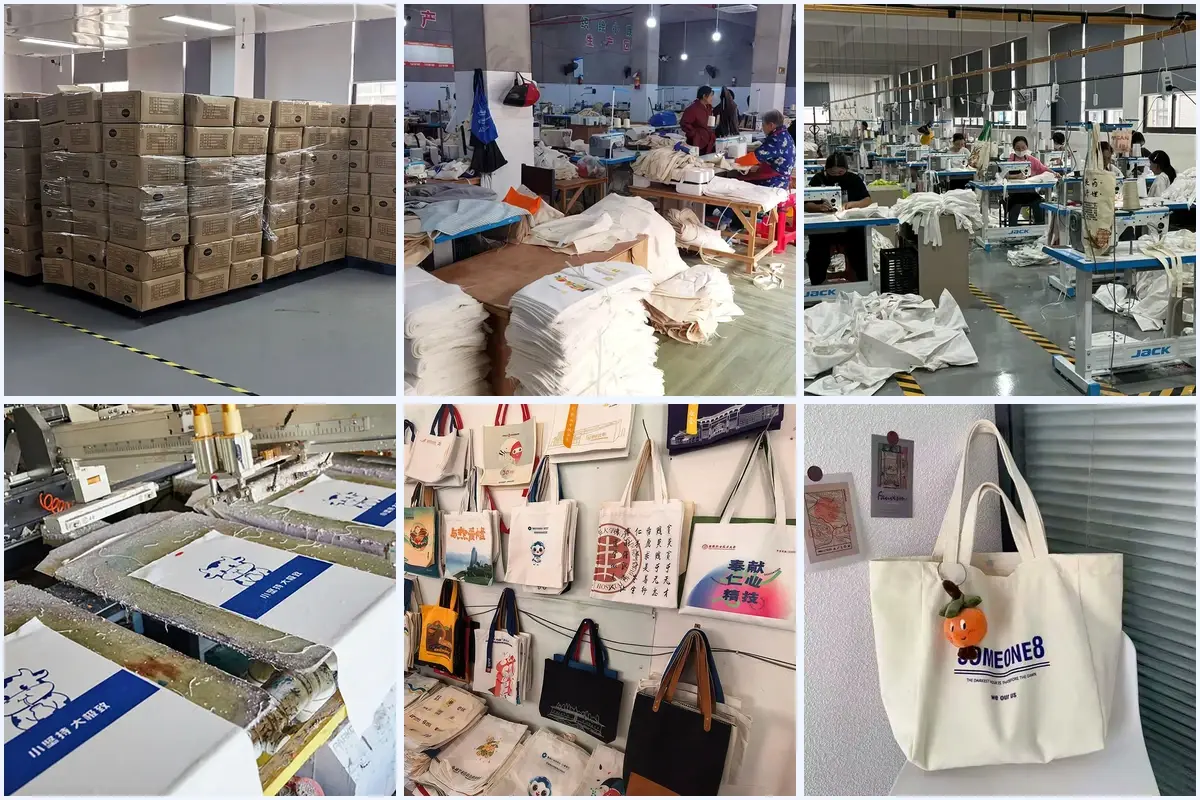 Sewing, printing, sample display and carton packing for canvas tote orders.