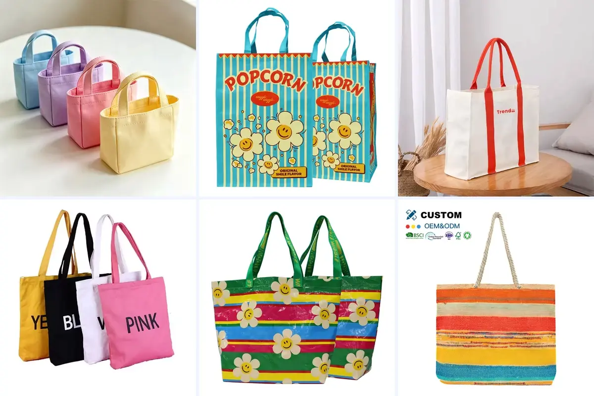 Six tote colors and patterns in dyed, striped and printed finishes.