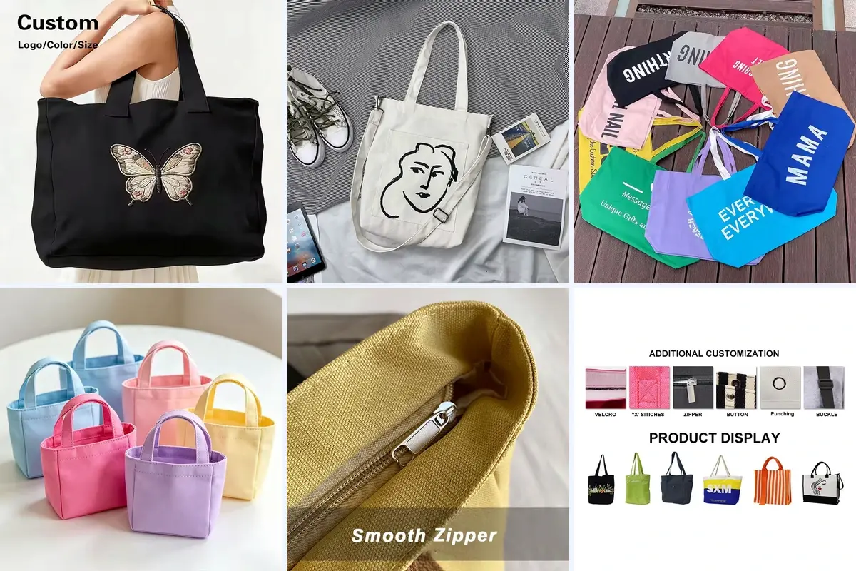 Six custom tote details showing prints, colors, closures and handles.