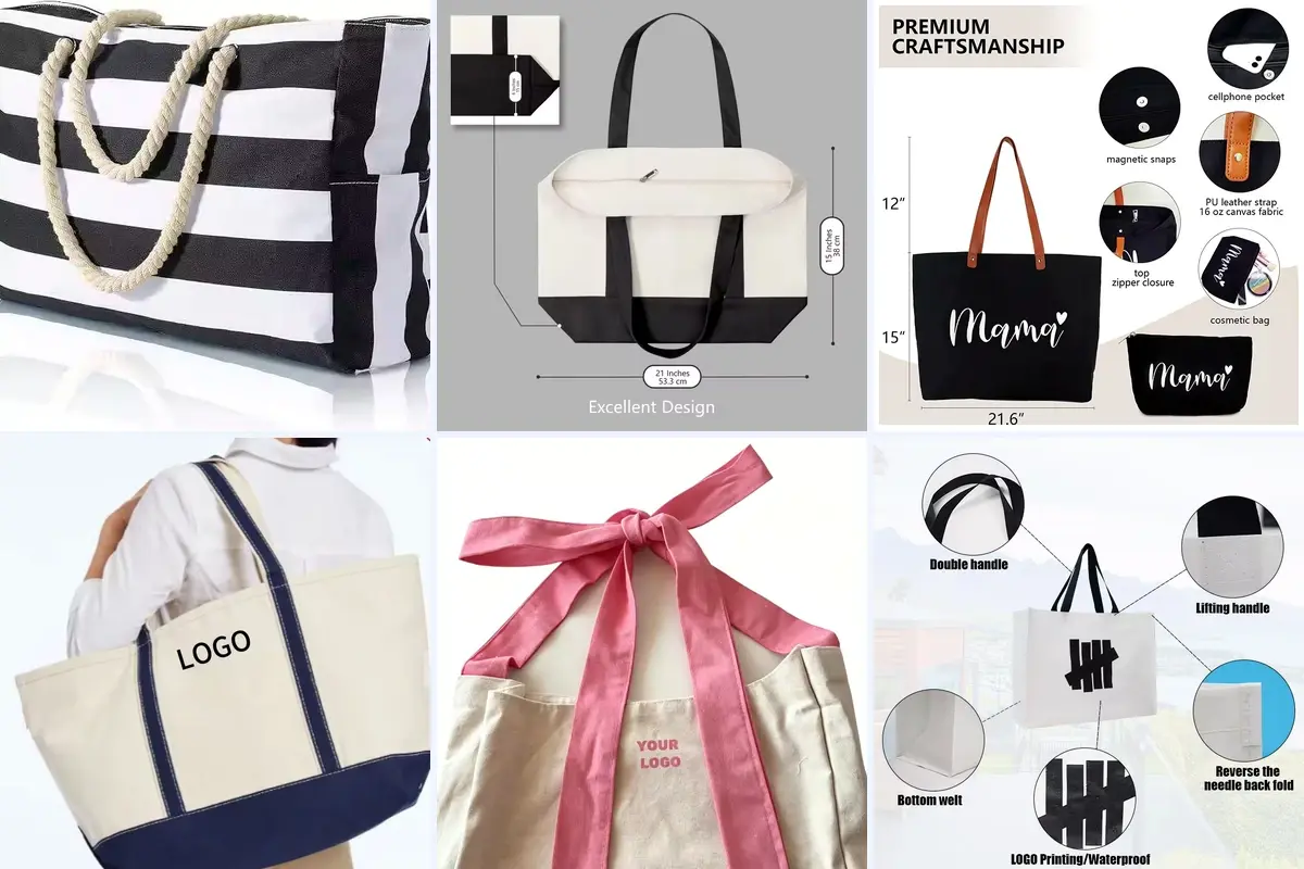 Six tote handle styles showing rope, leather, ribbon and wide fabric straps.