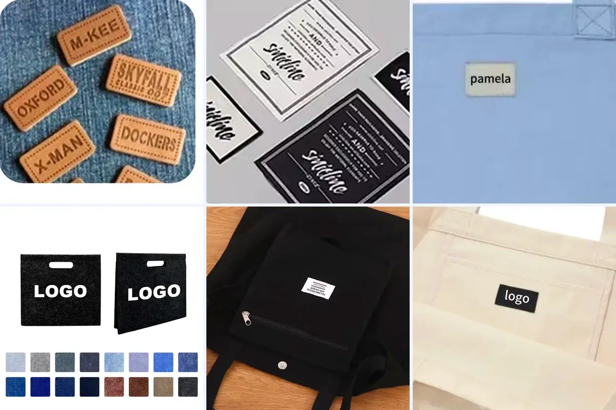 Six tote label and trim details showing tags, care labels and branding.