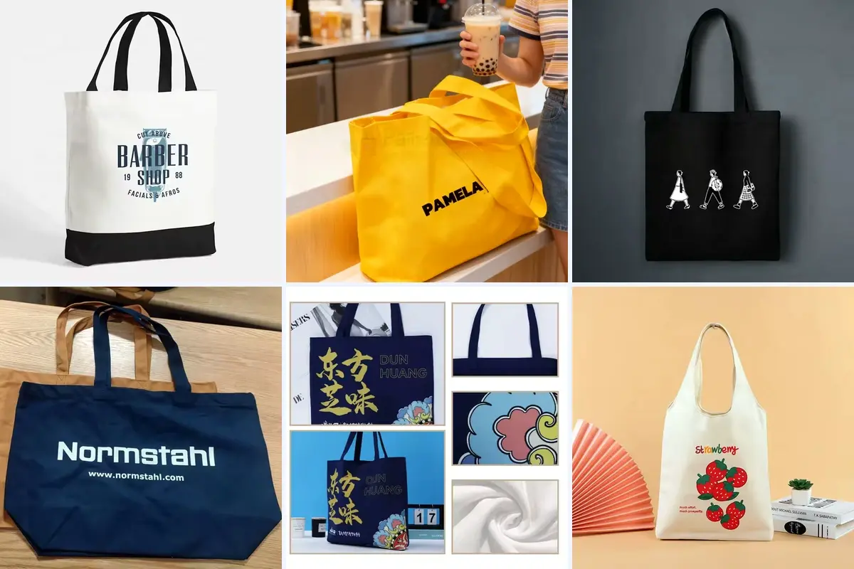 Six tote bags showing printed logos, embroidered graphics and placements.
