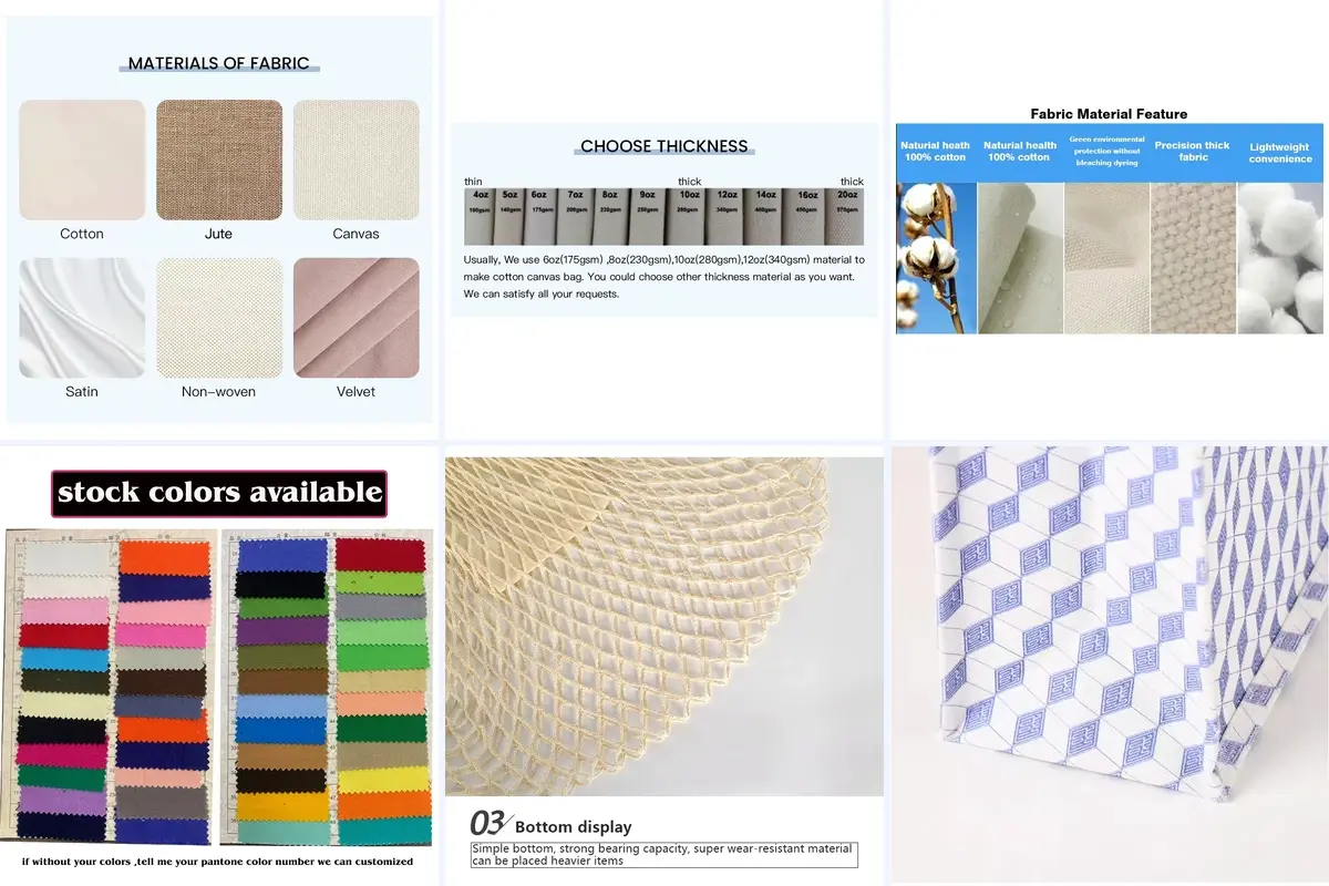 Six tote material details showing fabric weights, colors and textures.