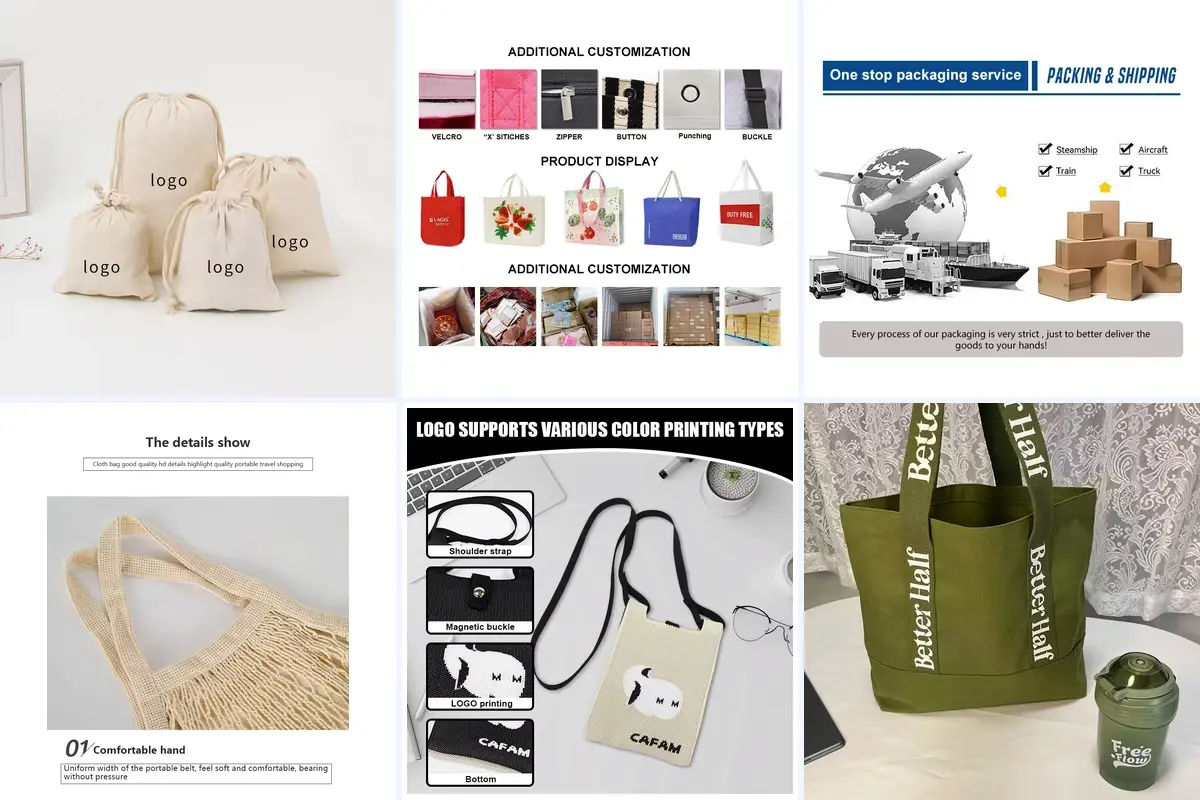 Six tote packaging and handle details for custom order planning.