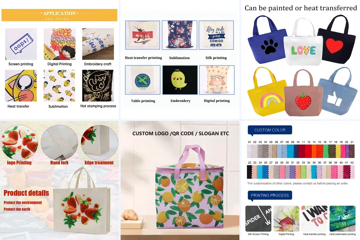 Six custom tote branding effects including print and embroidery.