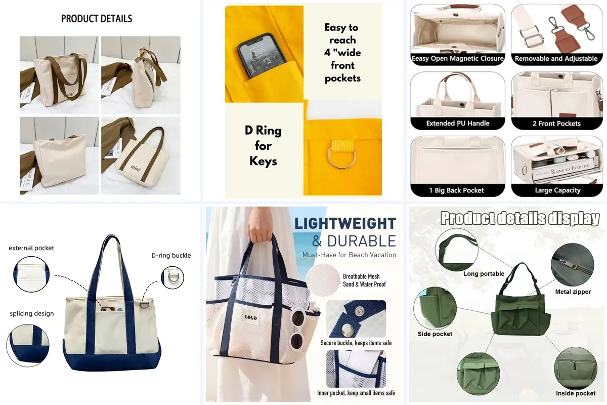 Six tote construction details showing pockets, bases and closures.