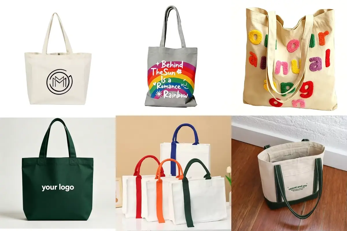 Six printed and embroidered canvas tote styles for corporate gifts.