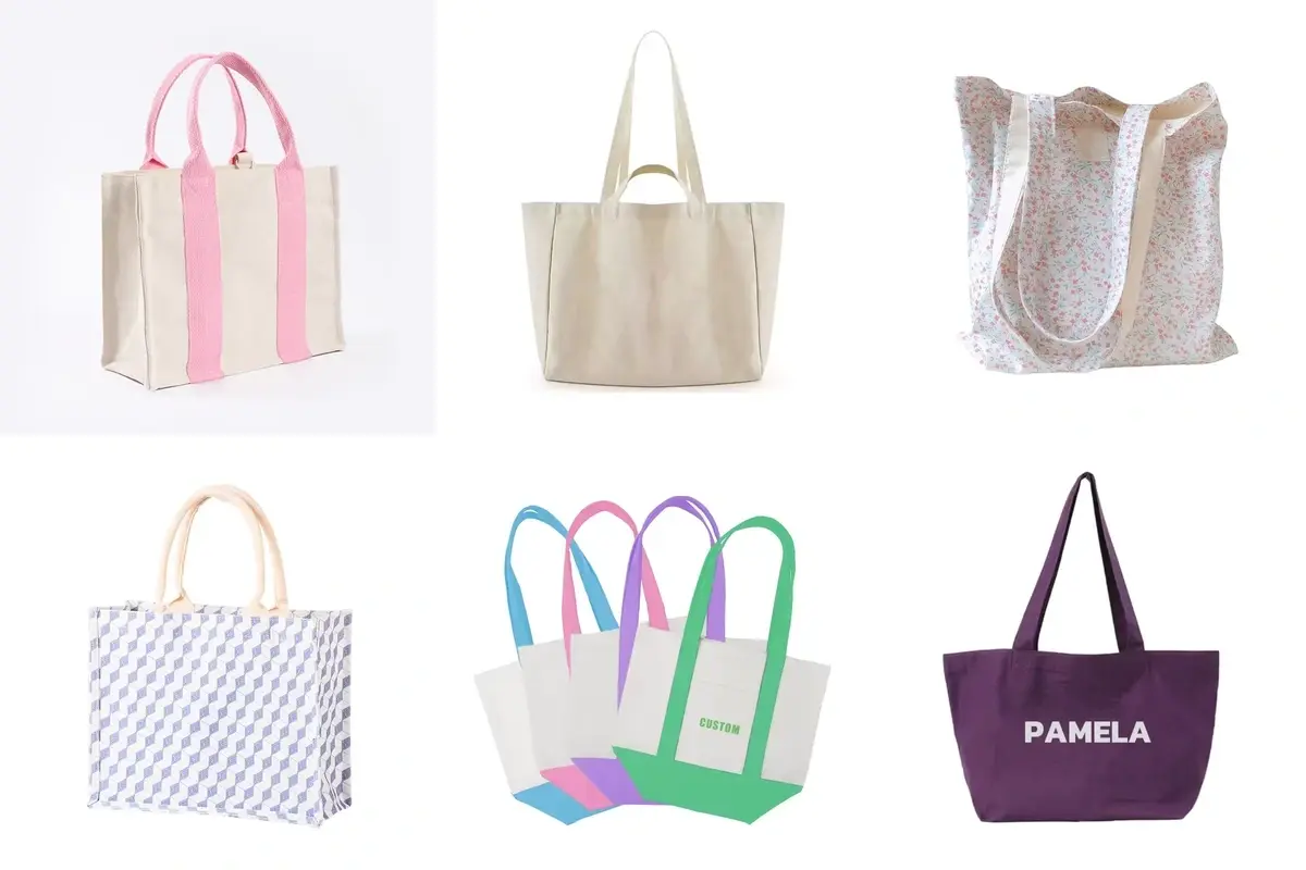 Six canvas tote bag styles with varied handles, colors and prints.