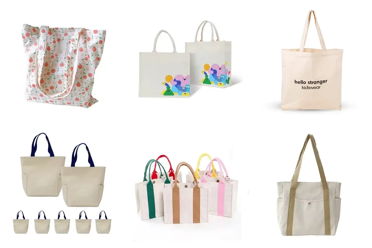 Six cotton tote bag styles in printed and solid color designs.