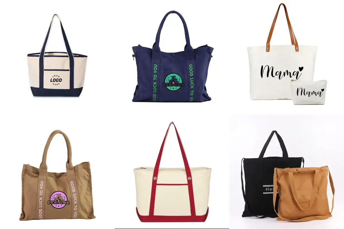 Six heavyweight canvas tote bags with reinforced structured designs.