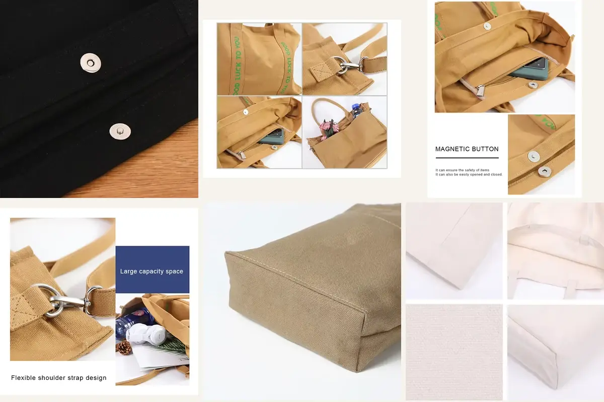 Heavy canvas closures seams gussets and fabric details
