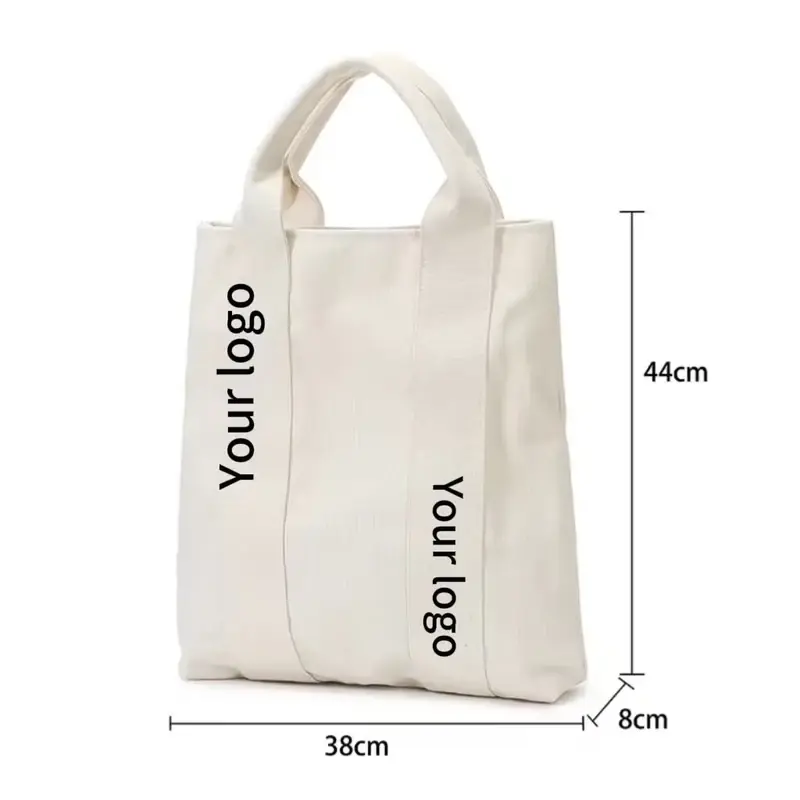 Natural 12 oz canvas tote shown with width and height
