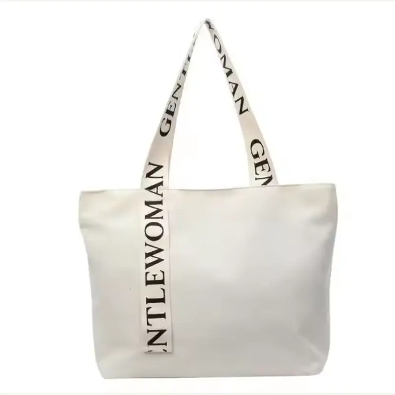 White 12 oz canvas tote with long printed handles