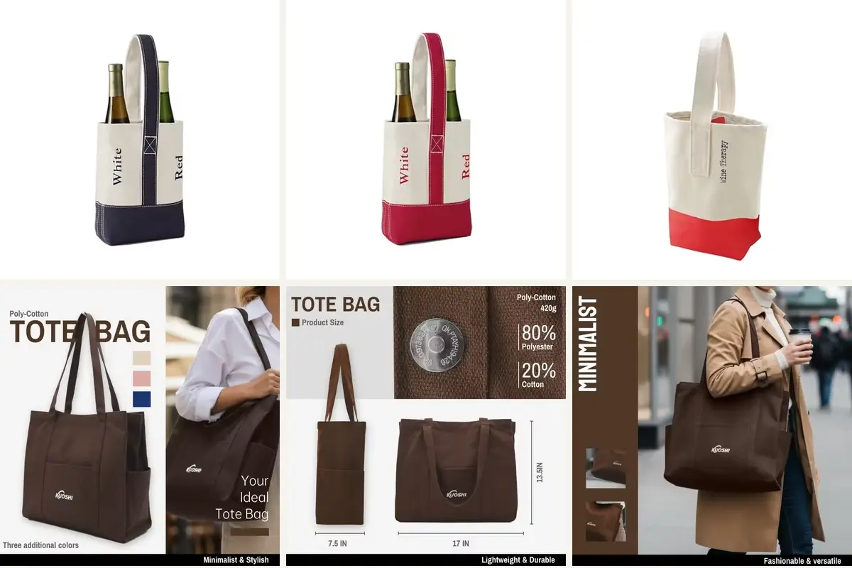 Heavy canvas tote sizes shown with capacity and dimensions