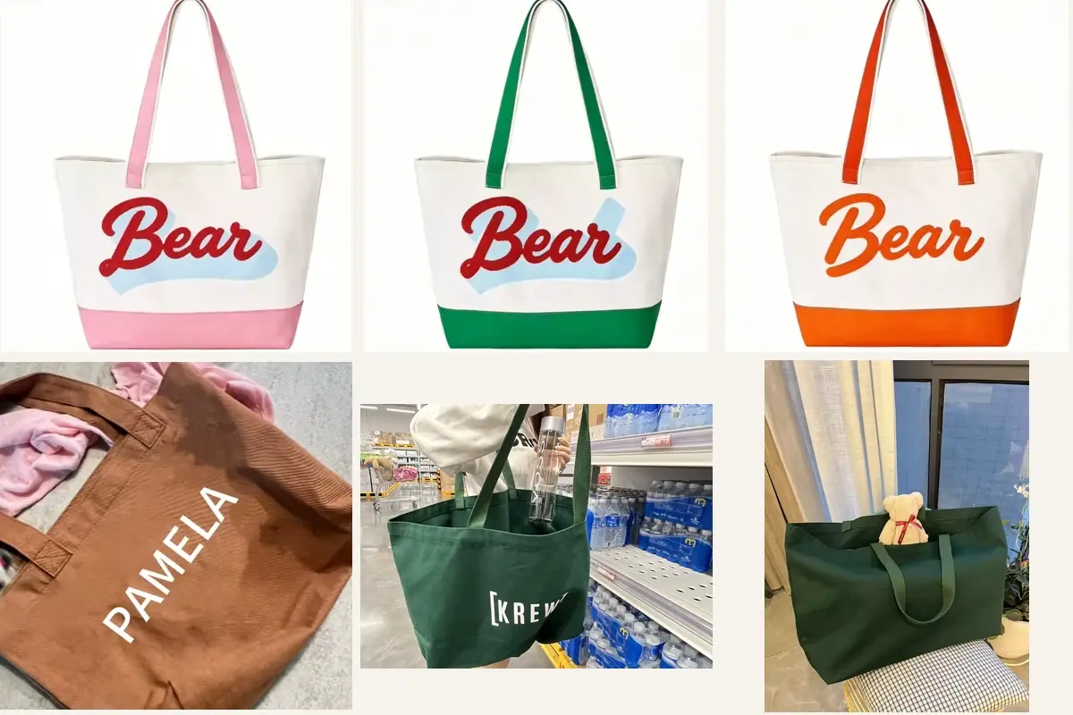 Heavy canvas totes with printed artwork and colored handles