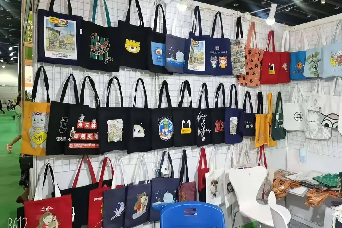 Canvas tote samples arranged for construction review