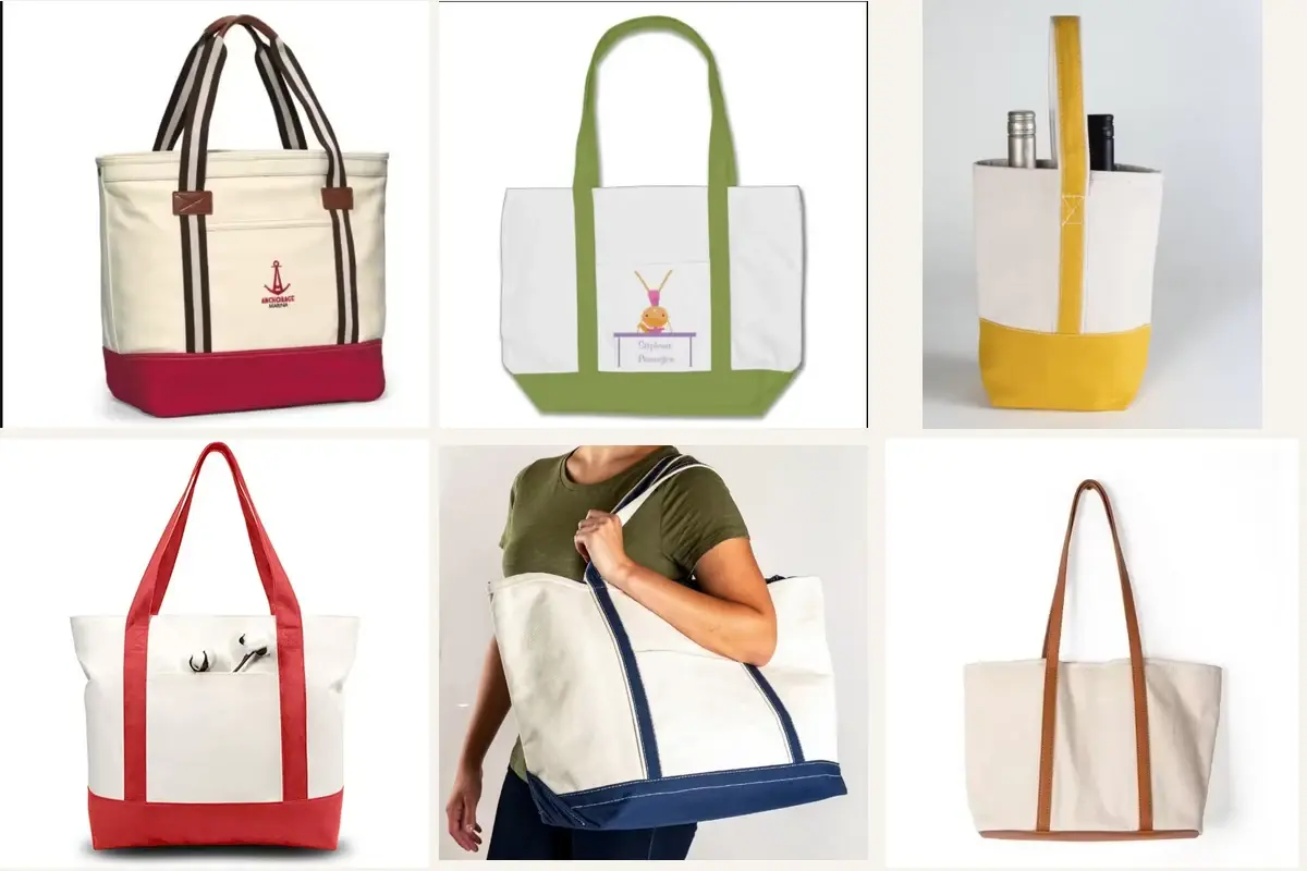 Heavy canvas totes with reinforced handles and colored bases