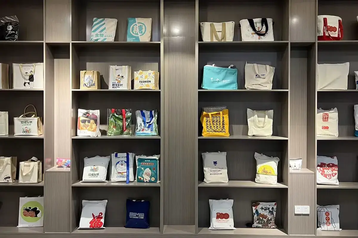 Heavy canvas tote samples displayed in the factory sample room