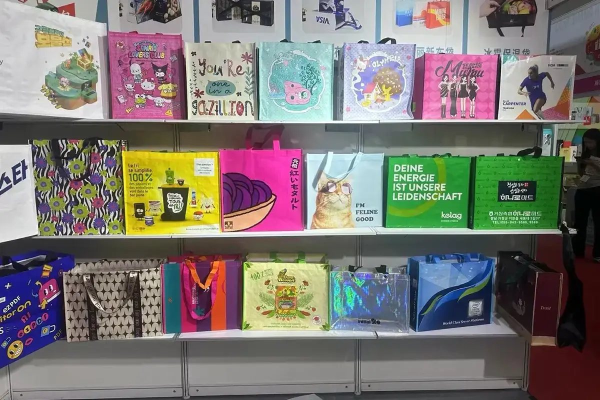 Factory shelves displaying heavyweight tote bag samples