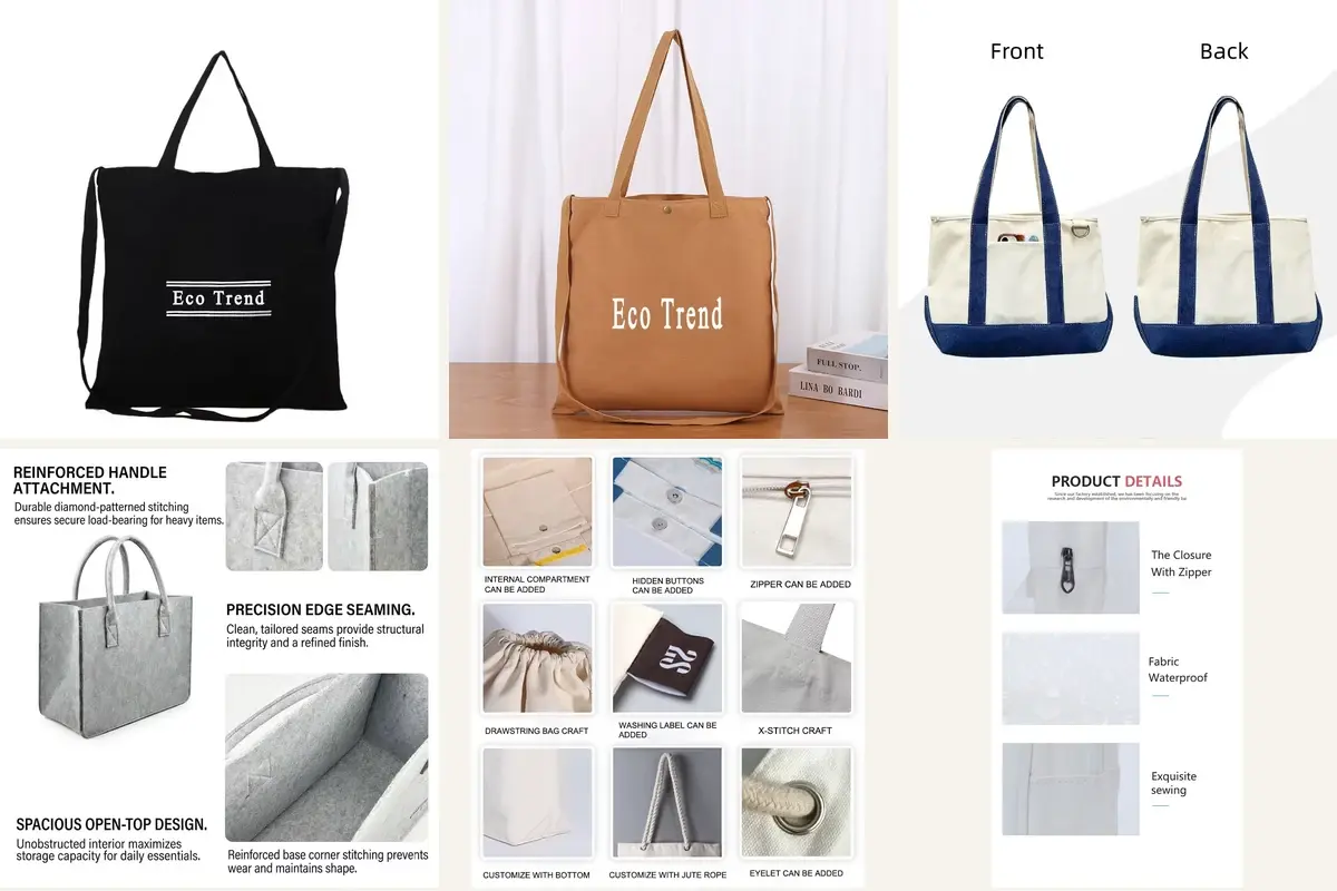Heavy canvas tote samples with handles seams and fabric details