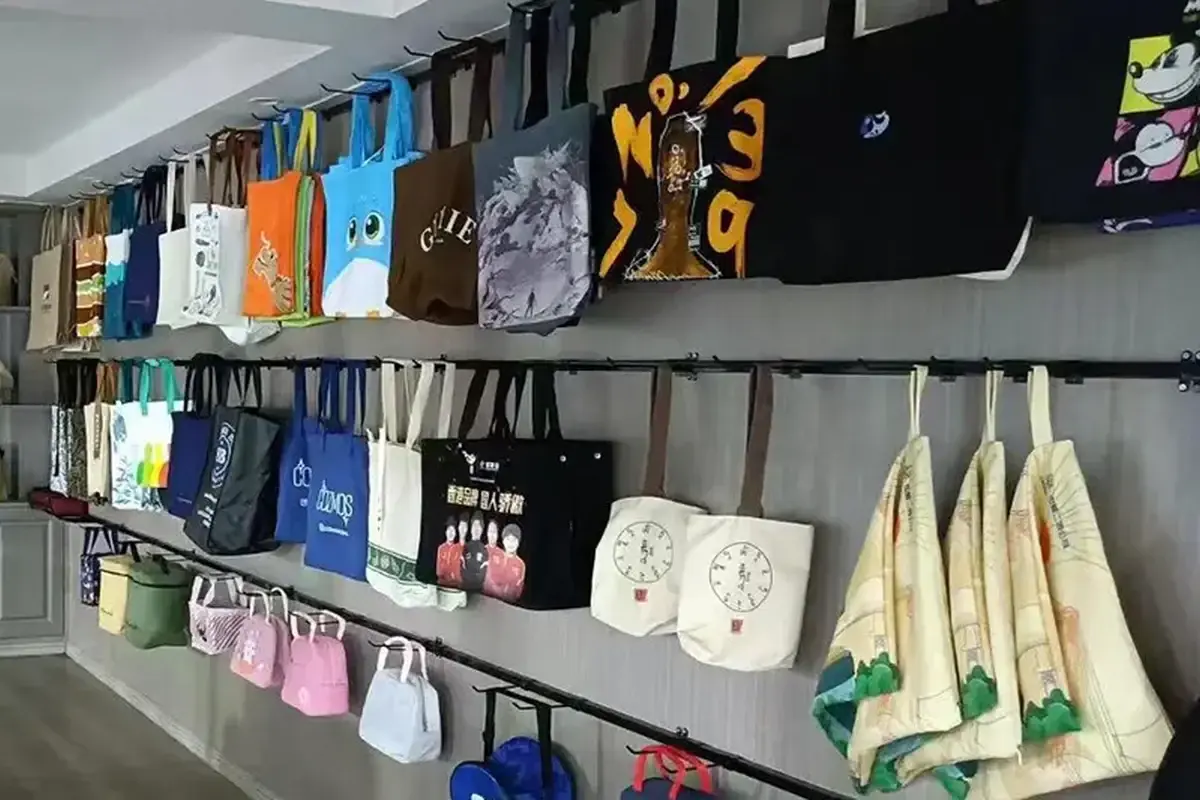 Canvas tote samples arranged for construction comparison