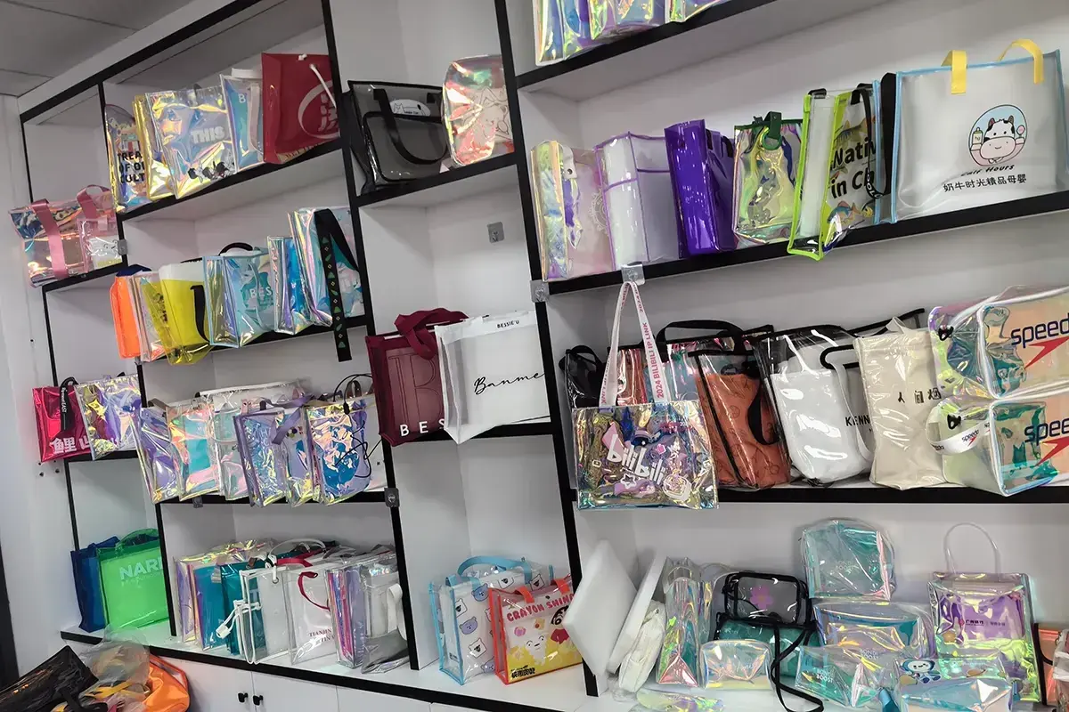 Factory sample shelves used to compare canvas tote options