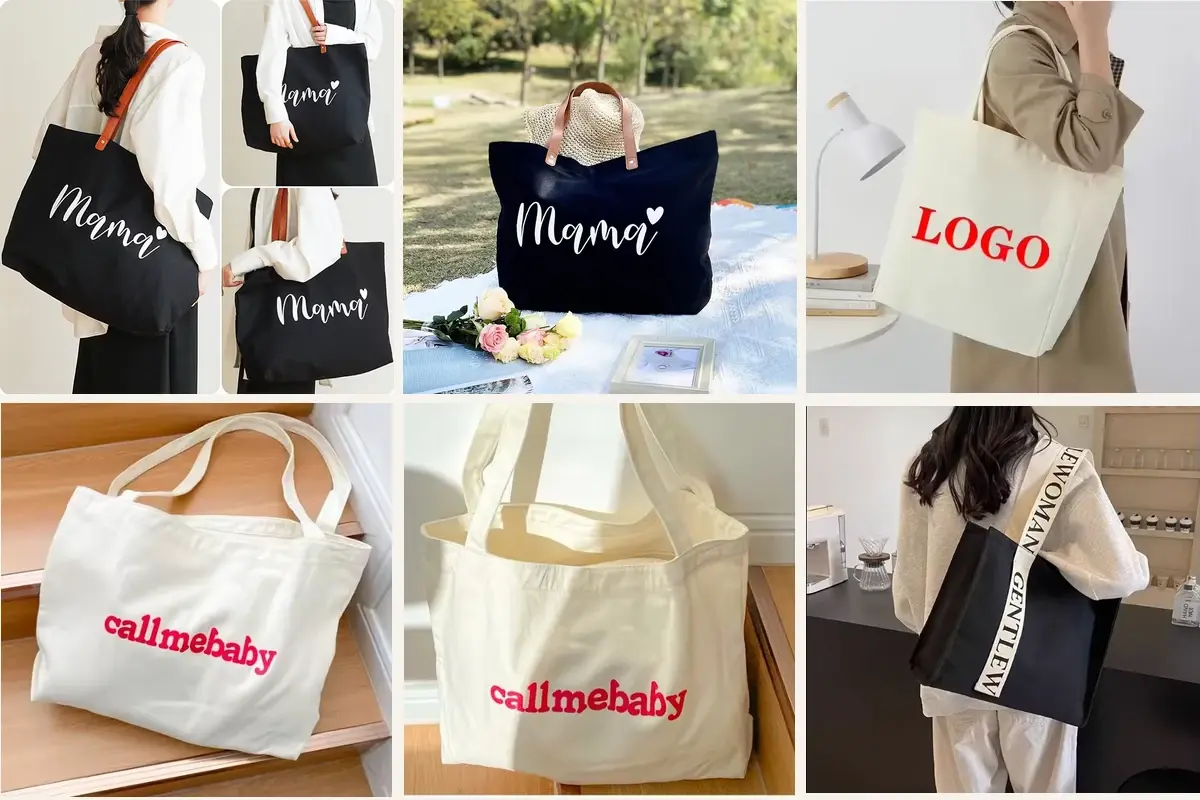 Heavy canvas tote builds with varied colors handles and shapes