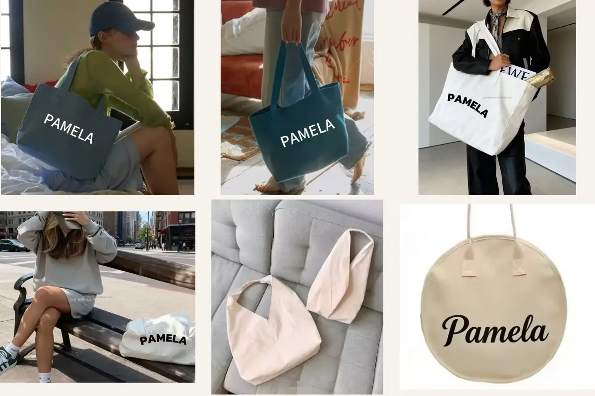 Heavy canvas tote bodies and panel shapes prepared for seam review